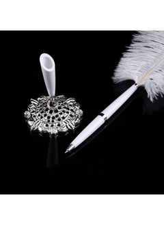 klarako 2 Colors Ostrich Feather Wedding Quill Signing Ballpoint Writing Pen With Metal Holder New White(Silver)  - Image 2
