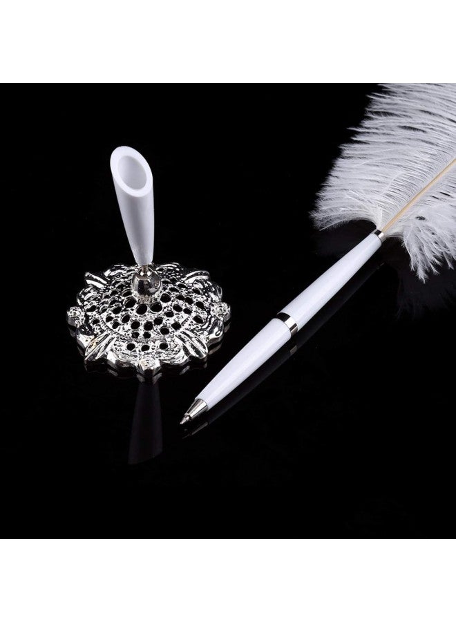 klarako 2 Colors Ostrich Feather Wedding Quill Signing Ballpoint Writing Pen With Metal Holder New White(Silver)  - Image 2