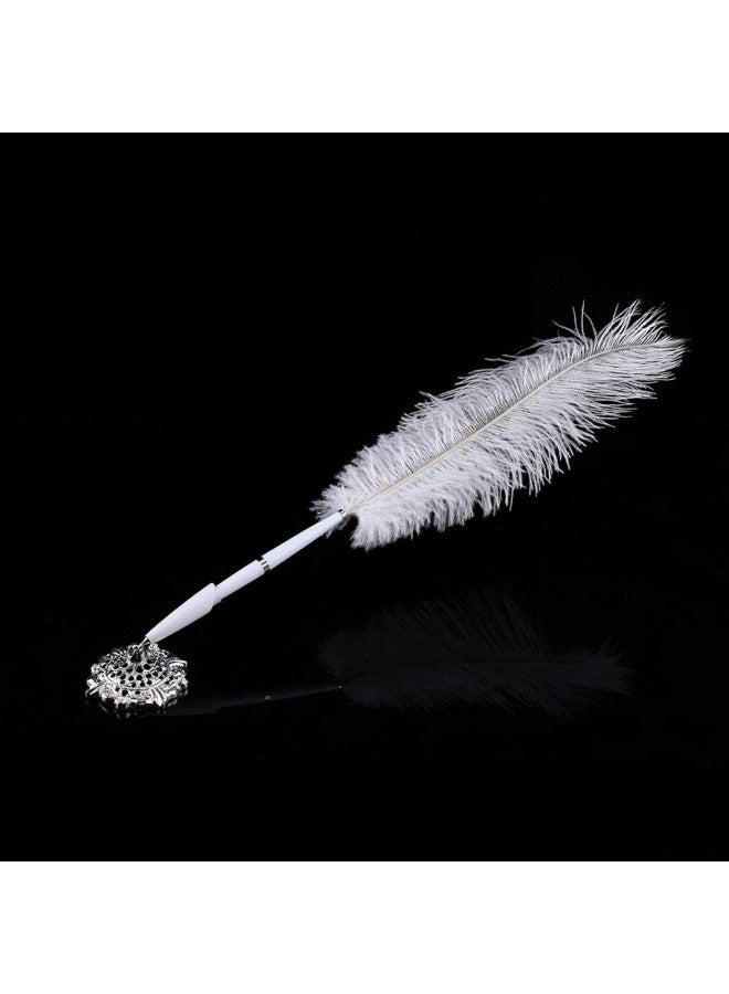 klarako 2 Colors Ostrich Feather Wedding Quill Signing Ballpoint Writing Pen With Metal Holder New White(Silver)  - Image 5