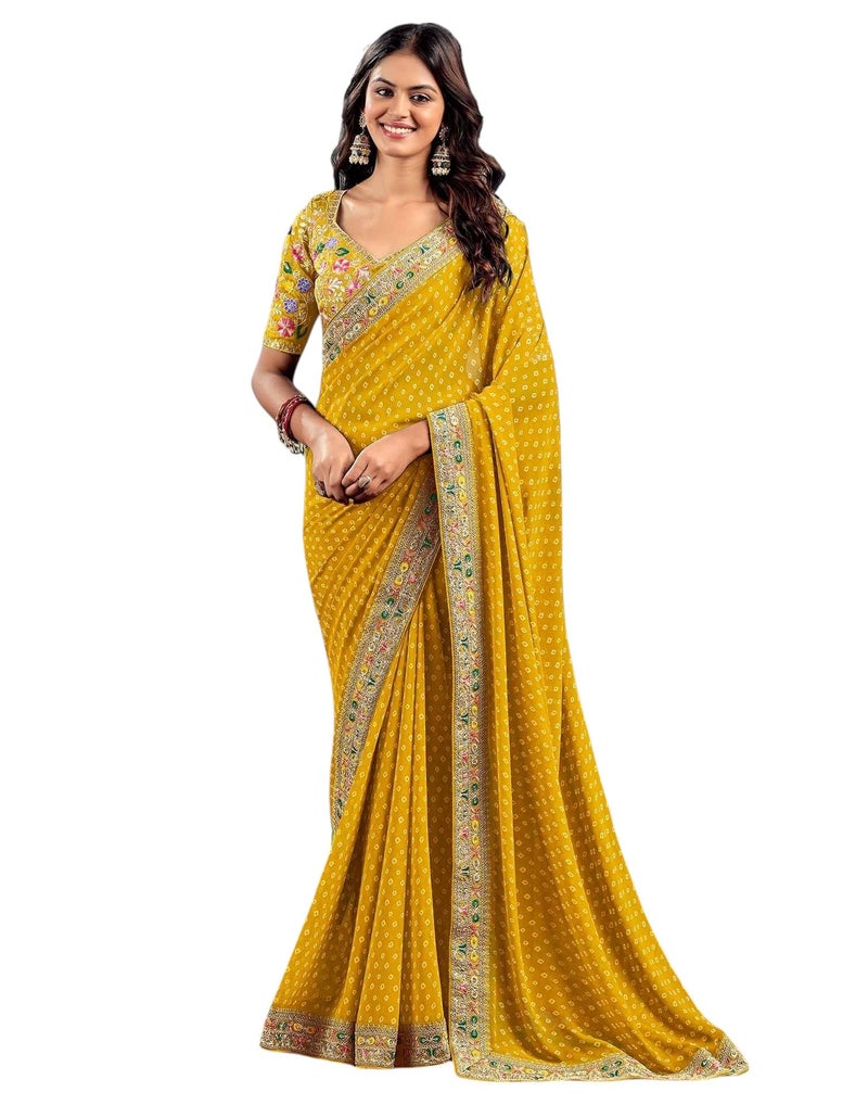 Shiv Textiles Women's Georgette Bandhani Print Saree(VND-509-MUSTARD) - Image 1