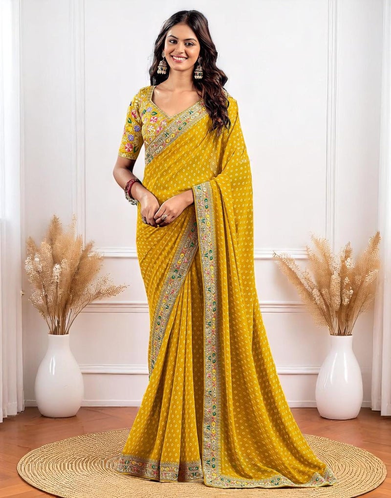 Shiv Textiles Women's Georgette Bandhani Print Saree(VND-509-MUSTARD) - Image 2