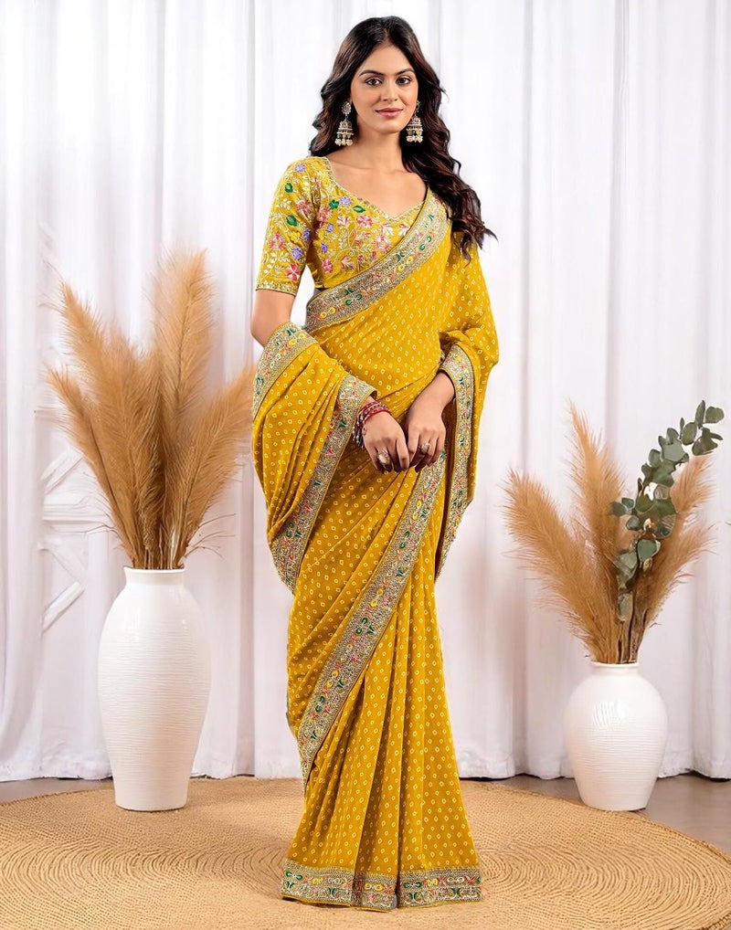 Shiv Textiles Women's Georgette Bandhani Print Saree(VND-509-MUSTARD) - Image 3