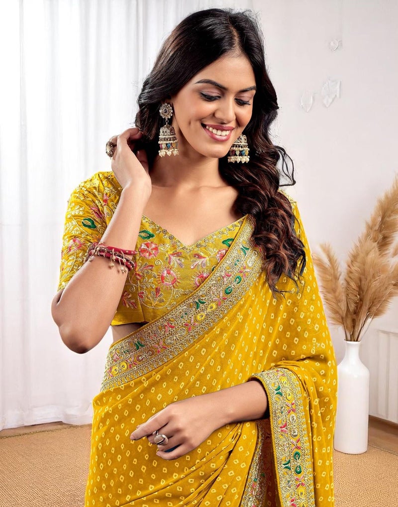 Shiv Textiles Women's Georgette Bandhani Print Saree(VND-509-MUSTARD) - Image 5