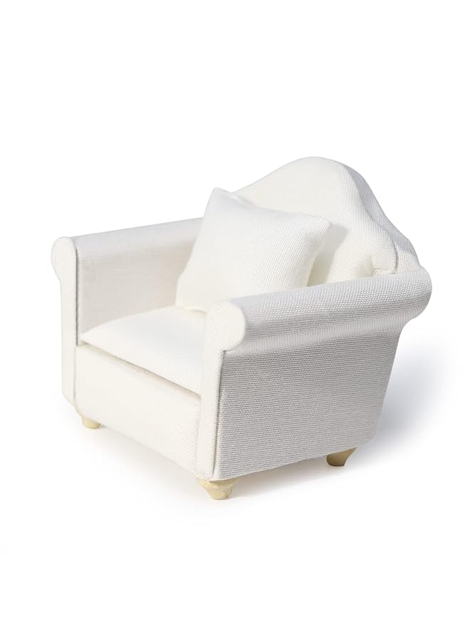 Excefore Dollhouse Couch With Pillow 1:12 Scale Miniature Sofa Arm Chair Living Room Furniture Wooden Fabric Frame Single Reading Chair Artificial House Room Scene Decoration White - Image 1