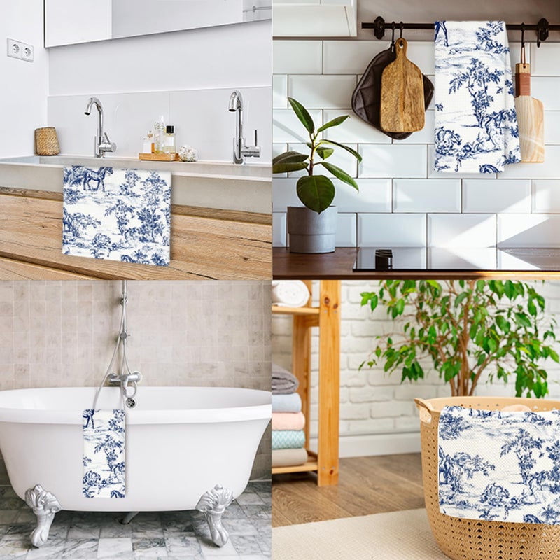 Exqcom Vintage Toile de Jouy Botanical Horse Kitchen Towels, Blue and White Hand Towels for Bathroom Kitchen, Elegant Classical French Decorative Dish Towels Drying Cloth, 16x24 Inch - Image 3