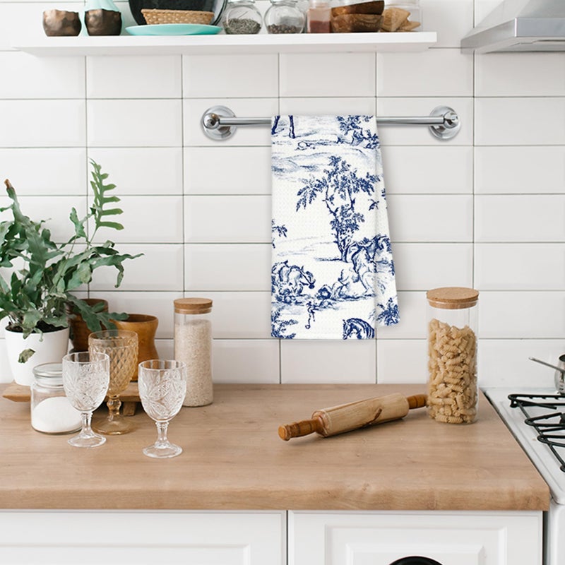 Exqcom Vintage Toile de Jouy Botanical Horse Kitchen Towels, Blue and White Hand Towels for Bathroom Kitchen, Elegant Classical French Decorative Dish Towels Drying Cloth, 16x24 Inch - Image 4