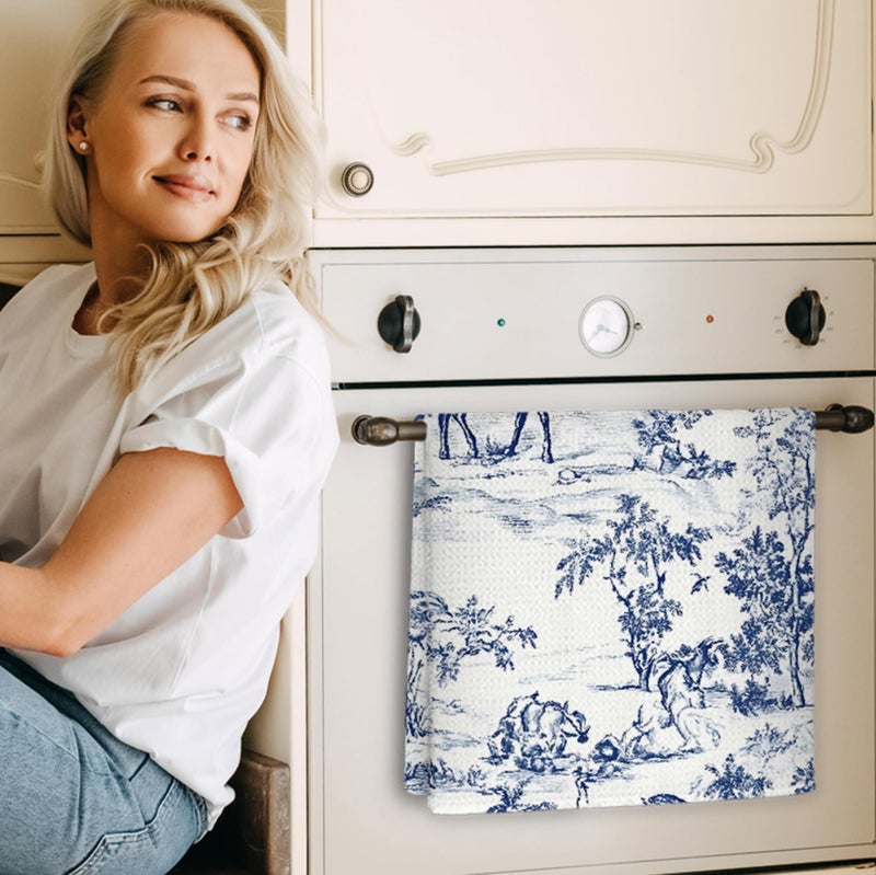 Exqcom Vintage Toile de Jouy Botanical Horse Kitchen Towels, Blue and White Hand Towels for Bathroom Kitchen, Elegant Classical French Decorative Dish Towels Drying Cloth, 16x24 Inch - Image 2