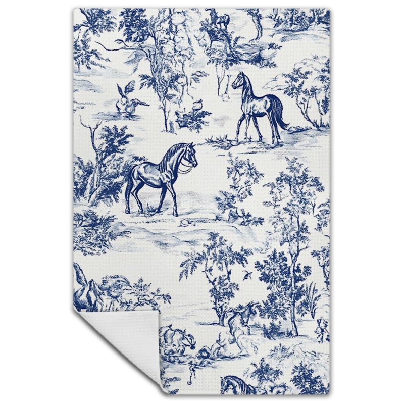 Exqcom Vintage Toile de Jouy Botanical Horse Kitchen Towels, Blue and White Hand Towels for Bathroom Kitchen, Elegant Classical French Decorative Dish Towels Drying Cloth, 16x24 Inch - Image 1