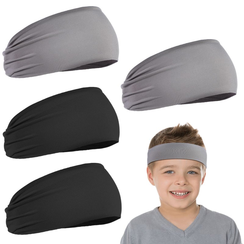 Civaner 4 Pieces Kids Sports Headbands Athletic Sweatbands Headband Wicking Elastic Hairband for Girls and Boys Toddler Children (Black, Light Grey) - Image 1