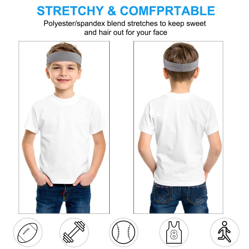 Civaner 4 Pieces Kids Sports Headbands Athletic Sweatbands Headband Wicking Elastic Hairband for Girls and Boys Toddler Children (Black, Light Grey) - Image 3
