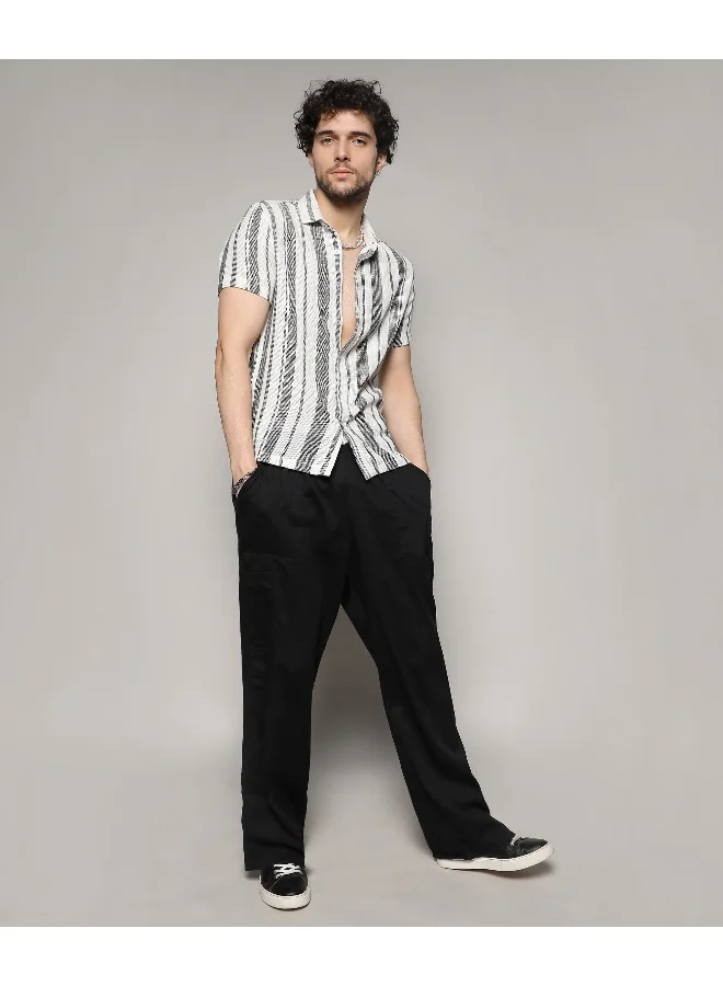 Campus Sutra Men's White & Grey Unbalanced Striped Woven Shirt
