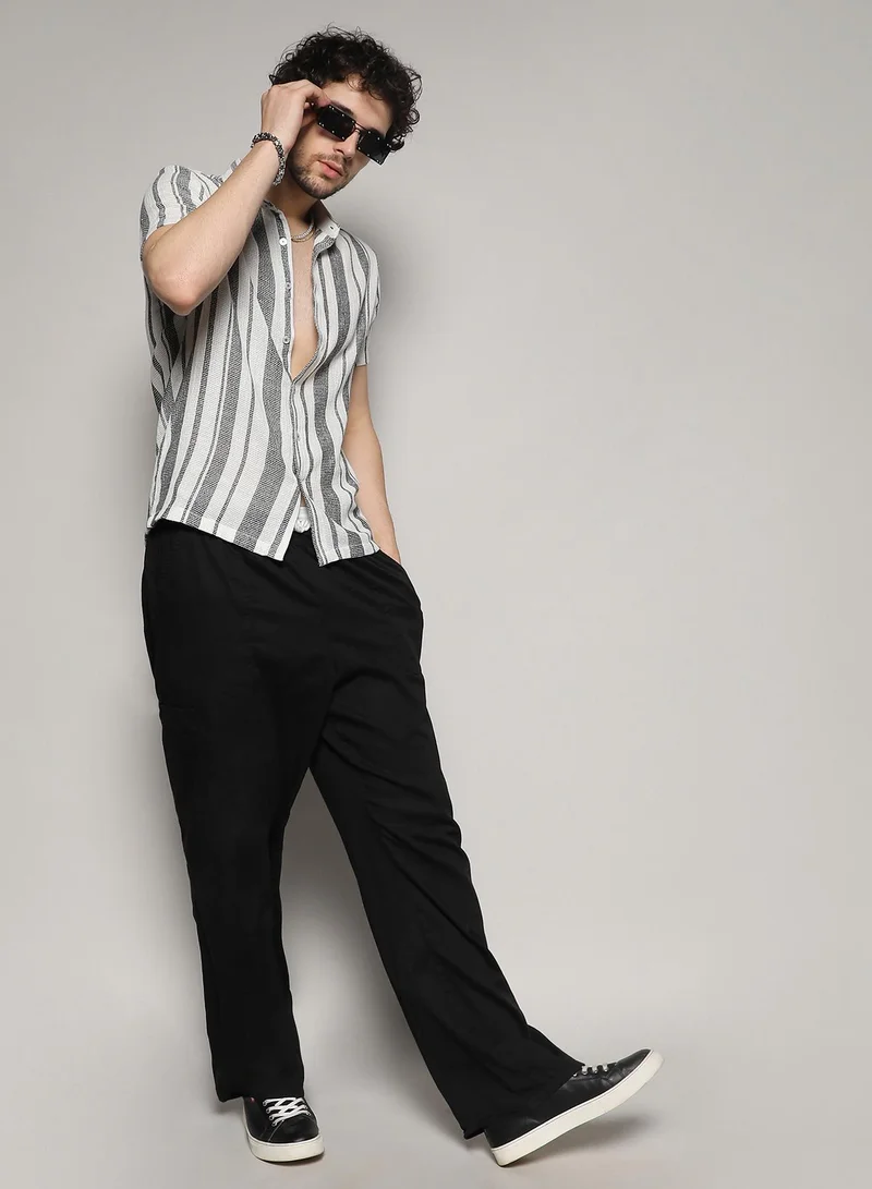 Campus Sutra Men's White & Grey Unbalanced Striped Woven Shirt