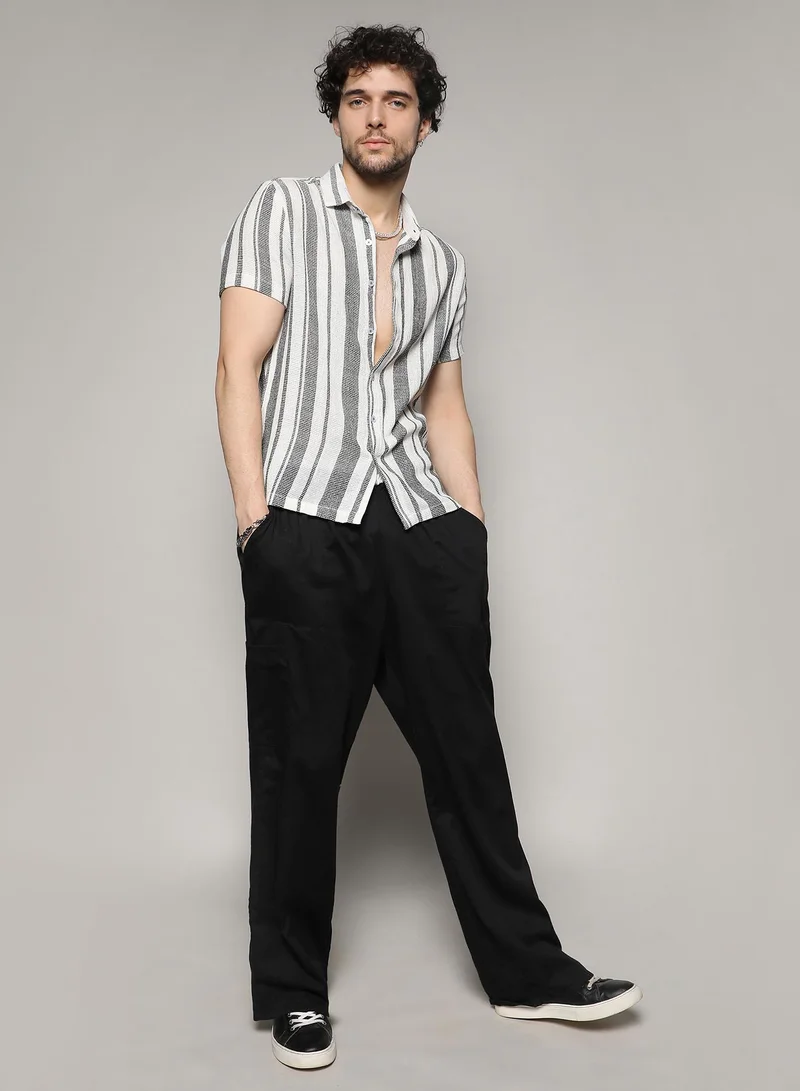 Campus Sutra Men's White & Grey Unbalanced Striped Woven Shirt