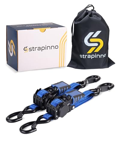 Strapinno Retractable Ratchet Straps - 1 in x 2.5 ft Heavy Duty Adjustable Boat Transom Tie Down, 2PCS, 2400lbs Breaking Strength, Safety S Hooks, For Boat, Jetski, Seadoo, Waverunner, and PWCs (Blue) - Image 1
