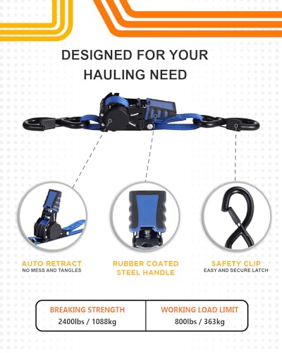 Strapinno Retractable Ratchet Straps - 1 in x 2.5 ft Heavy Duty Adjustable Boat Transom Tie Down, 2PCS, 2400lbs Breaking Strength, Safety S Hooks, For Boat, Jetski, Seadoo, Waverunner, and PWCs (Blue) - Image 2