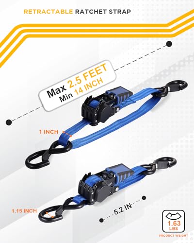 Strapinno Retractable Ratchet Straps - 1 in x 2.5 ft Heavy Duty Adjustable Boat Transom Tie Down, 2PCS, 2400lbs Breaking Strength, Safety S Hooks, For Boat, Jetski, Seadoo, Waverunner, and PWCs (Blue) - Image 3