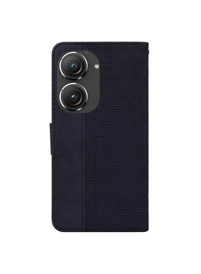 Case Cover For Asus Zenfone 9 Geometric Embossed Flip Leather Phone Case(Black)