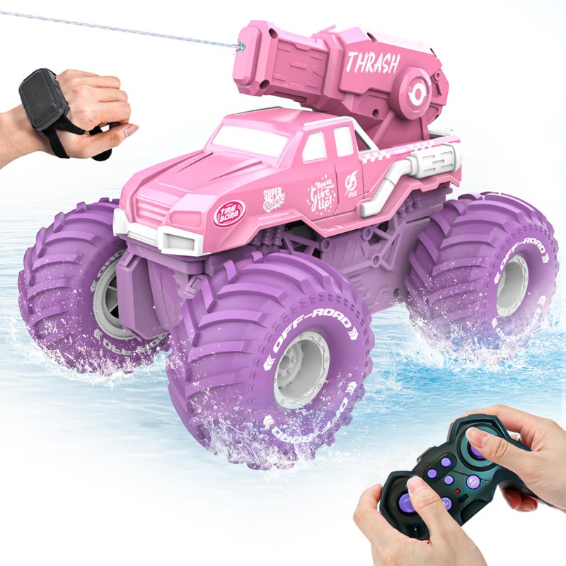 BEZGAR Amphibious Remote Control Car for Girls Pink Monster Truck Toys 116 RC Boats 24GHz Waterproof Tank with Shooting Water Pistol 4WD Allterrian OffRoad Pickup Outdoor Girls Kids Gifts - Image 3