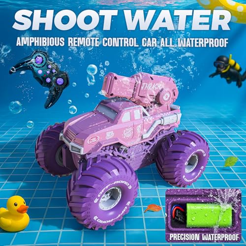 BEZGAR Amphibious Remote Control Car for Girls Pink Monster Truck Toys 116 RC Boats 24GHz Waterproof Tank with Shooting Water Pistol 4WD Allterrian OffRoad Pickup Outdoor Girls Kids Gifts - Image 5