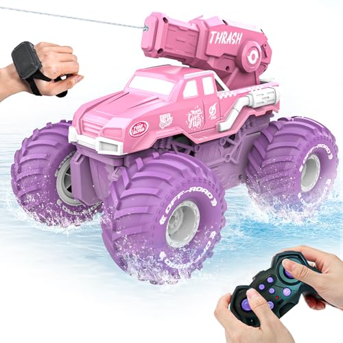 BEZGAR Amphibious Remote Control Car for Girls Pink Monster Truck Toys 116 RC Boats 24GHz Waterproof Tank with Shooting Water Pistol 4WD Allterrian OffRoad Pickup Outdoor Girls Kids Gifts - Image 1