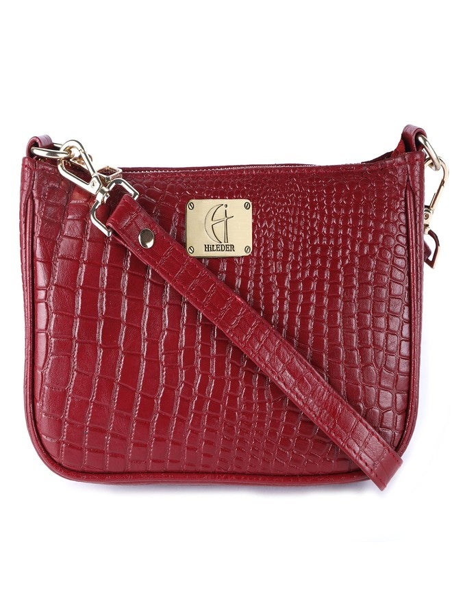 HiLeder Genuine Leather Crossbody Sling Messenger Slim Shoulder Purse Satchel Textured Bag for Women & Girl With Golden Metallic Zipper Closure | Medium Size |Maroon - Image 1