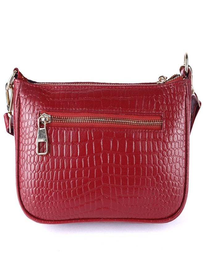 HiLeder Genuine Leather Crossbody Sling Messenger Slim Shoulder Purse Satchel Textured Bag for Women & Girl With Golden Metallic Zipper Closure | Medium Size |Maroon - Image 2