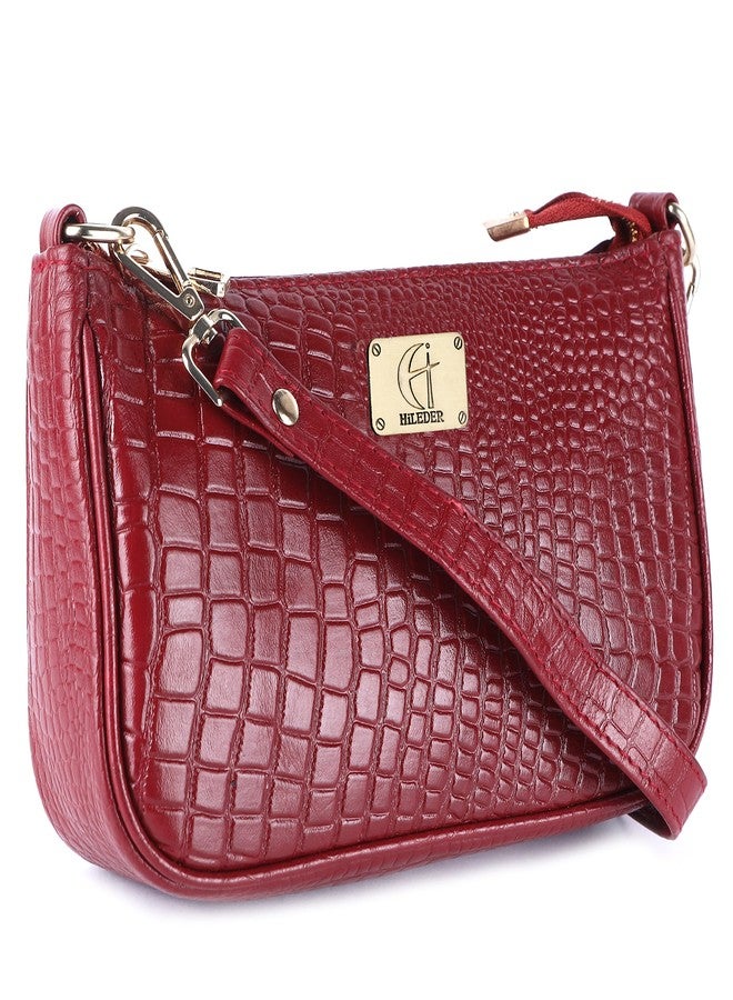 HiLeder Genuine Leather Crossbody Sling Messenger Slim Shoulder Purse Satchel Textured Bag for Women & Girl With Golden Metallic Zipper Closure | Medium Size |Maroon - Image 4