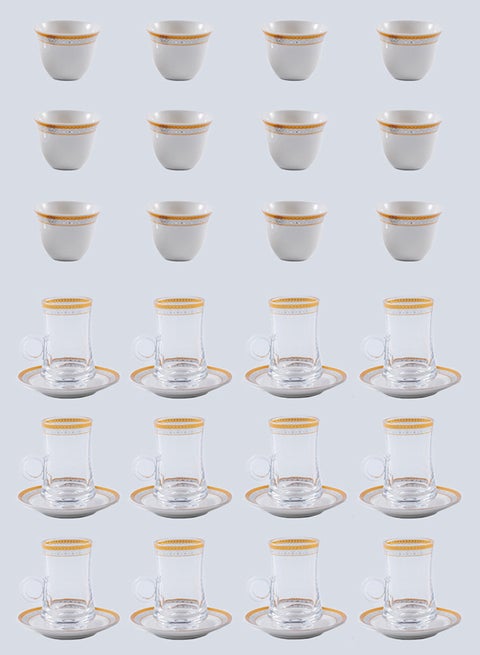 36-Piece Tea & Coffee Glass And Porcelain Set White/Gold/Clear, Serve for 12