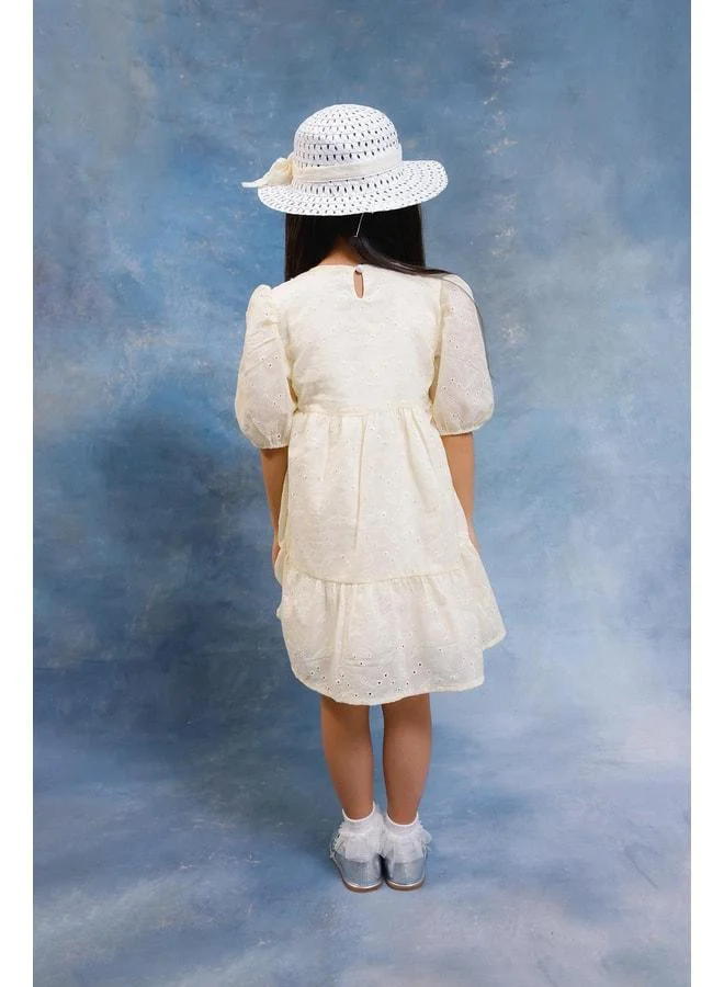 Perendi Girl's Leaf-Patterned Balloon Sleeve Brocade Dress with Hat - Cotton Jersey Lining.