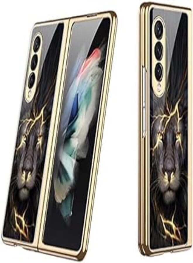 ELMO3EZZ Samsung Z Fold 3 Case, Galaxy Z Fold 3 Case Ultra-Thin Tempered Glass Phone Case, Fashion Electroplated PC Back Cover Protective Cover for Samsung Galaxy Z Fold 3 5G, Lion