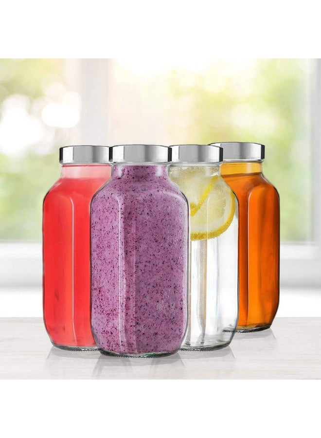 Brezzycloud 500ml French Square Reusable Travel Glass Drinking Fridge Bottle with Metal Silver Lid, Perfect for Home, Travel, Juicing, Water, Smoothie - 500ml - Set Of 4 - Image 1