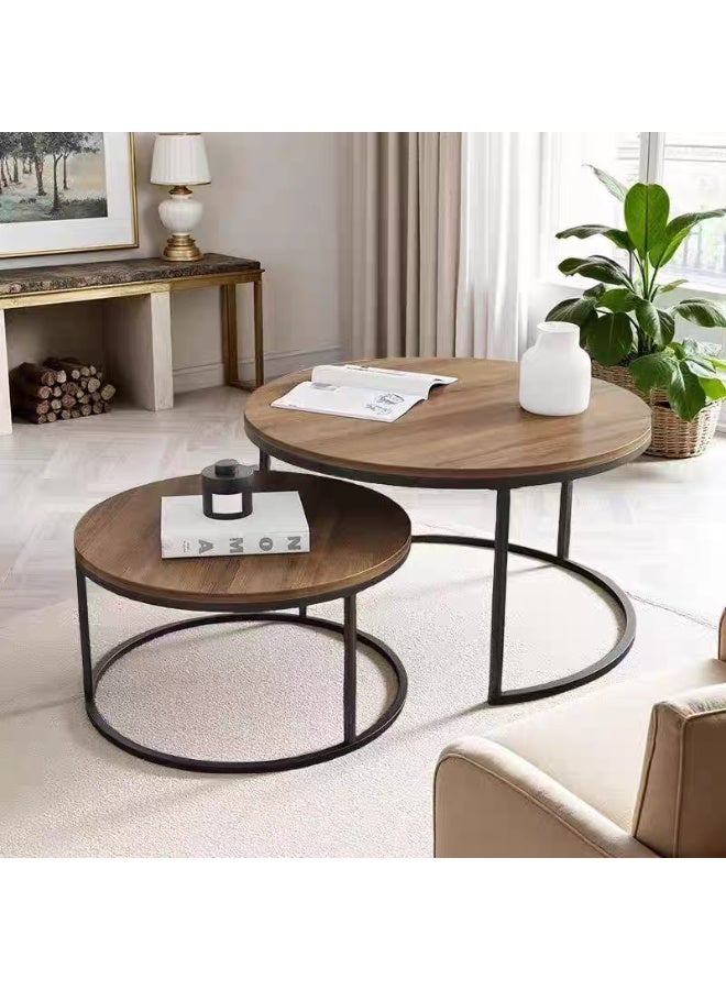 Living Nesting Coffee Table Set of 2 – Round Wood Tops with Black Steel Legs - Image 1