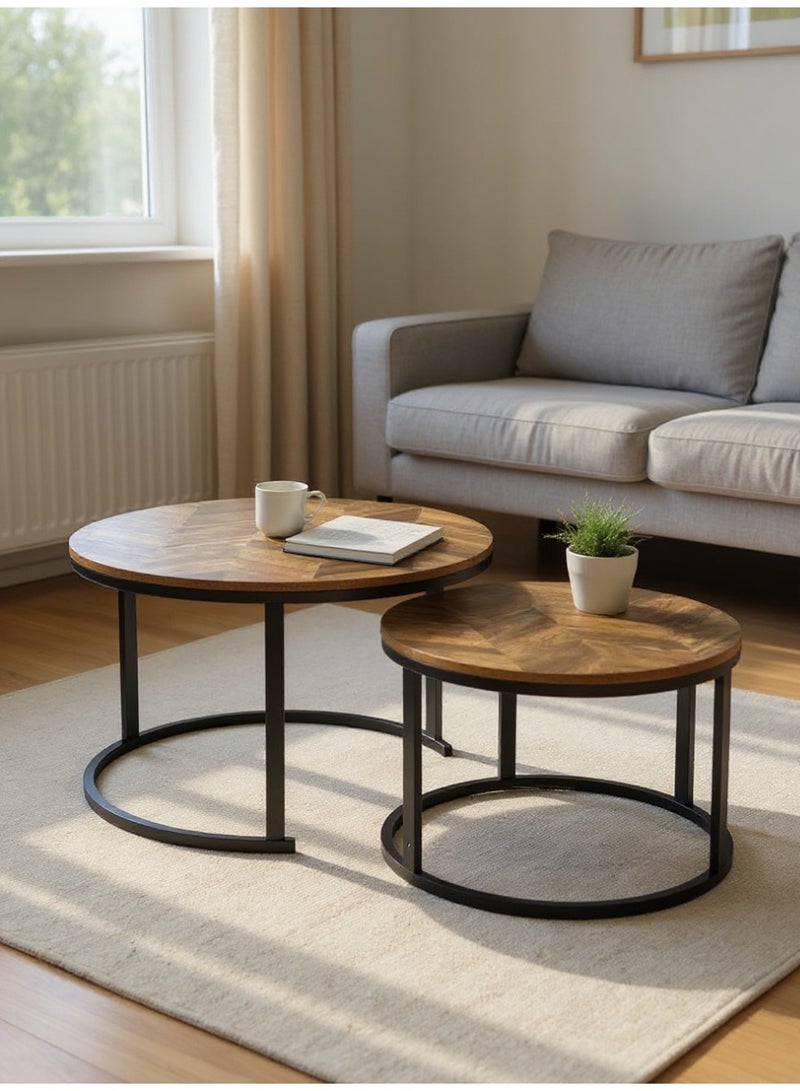 Living Nesting Coffee Table Set of 2 – Round Wood Tops with Black Steel Legs - Image 2
