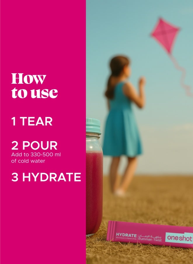 Oneshot Kids Rumman Twist, Daily Hydration, Sugar Free Electrolyte Powder Drink Mix with Vitamins and Zinc, No Aftertaste, Pomegranate Flavor, 7 Sachets - Image 3