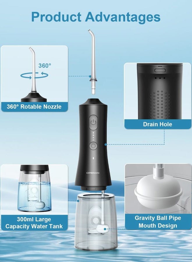 OPERAN Water Flossers for Teeth, Cordless Portable Water Flossers for Adults Braces, IPX7 Waterproof with 4 Modes, 4 Professional Nozzles, 300ml Tank & 21 Days Runtime for Travel, Black, 1Pack - Image 3