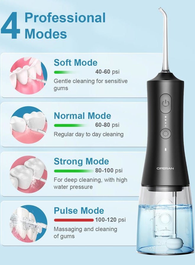 OPERAN Water Flossers for Teeth, Cordless Portable Water Flossers for Adults Braces, IPX7 Waterproof with 4 Modes, 4 Professional Nozzles, 300ml Tank & 21 Days Runtime for Travel, Black, 1Pack - Image 2