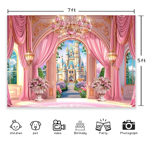Newsely Princess Castle Garden Backdrop 7Wx5H Photography Pink Palace Curtain Floral Green Plants Cloud Crystal Lamp Sky Cute Background Girly Party Decorations Banner Photo Booth Props Supplies - Image 3