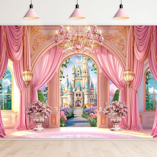 Newsely Princess Castle Garden Backdrop 7Wx5H Photography Pink Palace Curtain Floral Green Plants Cloud Crystal Lamp Sky Cute Background Girly Party Decorations Banner Photo Booth Props Supplies - Image 1