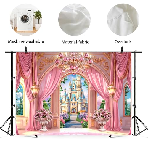 Newsely Princess Castle Garden Backdrop 7Wx5H Photography Pink Palace Curtain Floral Green Plants Cloud Crystal Lamp Sky Cute Background Girly Party Decorations Banner Photo Booth Props Supplies - Image 5