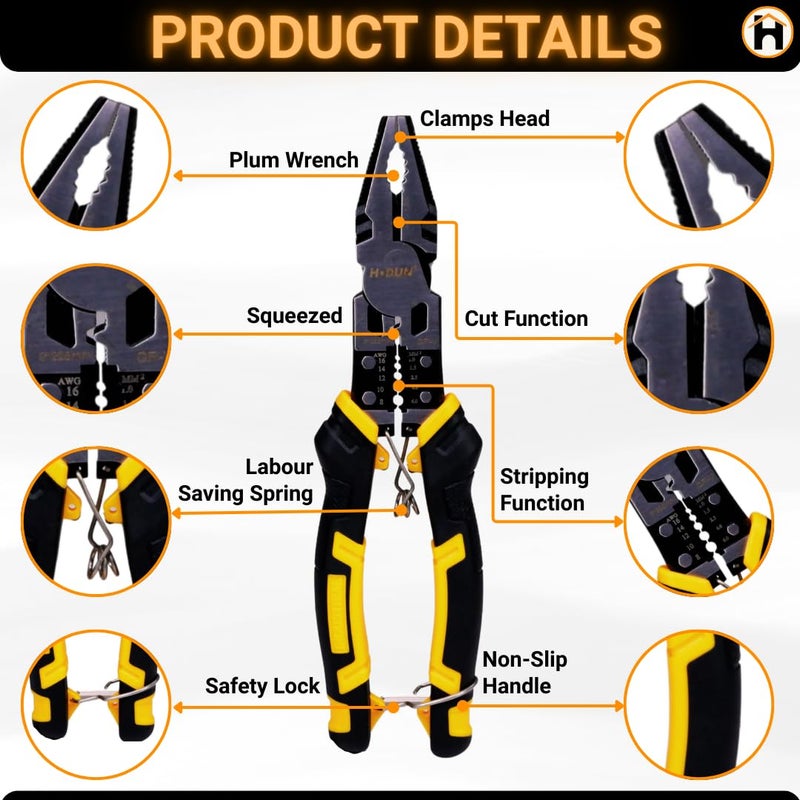 Homdum كماشة 7 في 1 متعددة الوظائف 8.5 بوصة مزيل عزل الأسلاك قاطع كابل كماشة كهربائي بحجم 220 مم - Image 5