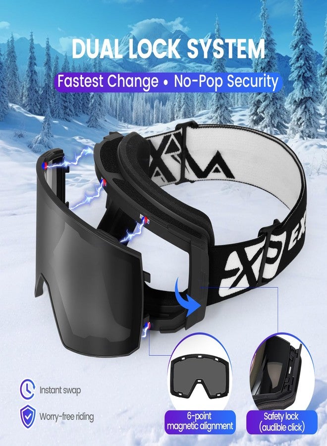 EXP VISION Ski Goggles Dual Lock Magnetic Snow Goggles Interchangeable Lens with Anti-Fog Panoramic Snowboard Goggles for Men & Women (ABlack-Silver) - Image 3
