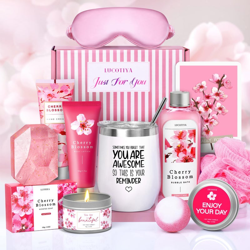 LUCOTIYA Gifts for Women Birthday Gifts, Bath and Body Gifts Set- 10 Pcs Christmas Valentine's Mother's Day Gifts and Cherry Blossoms Self Care Package Gifts Women, Relaxing Gifts Basket - Image 1