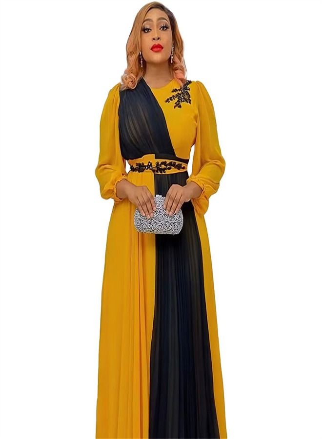 Loquat Women's Round Neck Studded Waist Chiffon Dress Yellow 