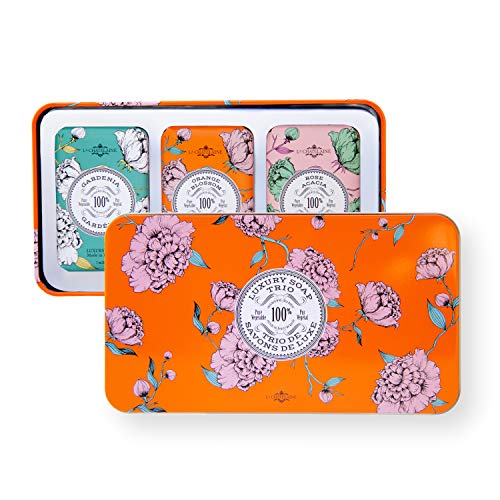 La Chatelaine Luxury Bar Soap Trio Gift Set Tin Made in France Natural and Organic Shea Butter Formula 3 x 7 oz 200g Orange Soap Trio Gardenia Orange Blossom Rose Acacia - Image 2