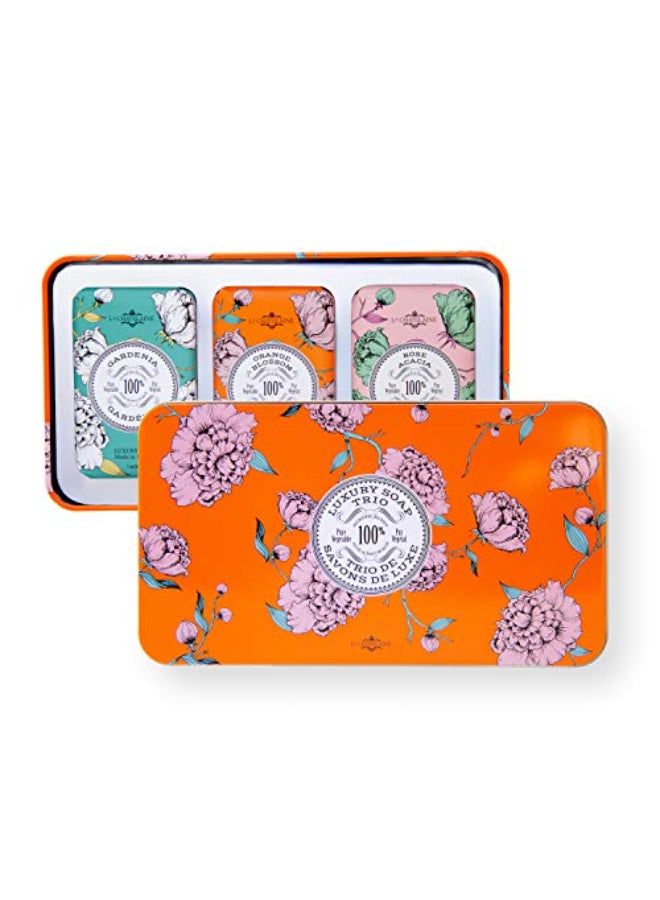 La Chatelaine Luxury Bar Soap Trio Gift Set Tin Made in France Natural and Organic Shea Butter Formula 3 x 7 oz 200g Orange Soap Trio Gardenia Orange Blossom Rose Acacia - Image 1