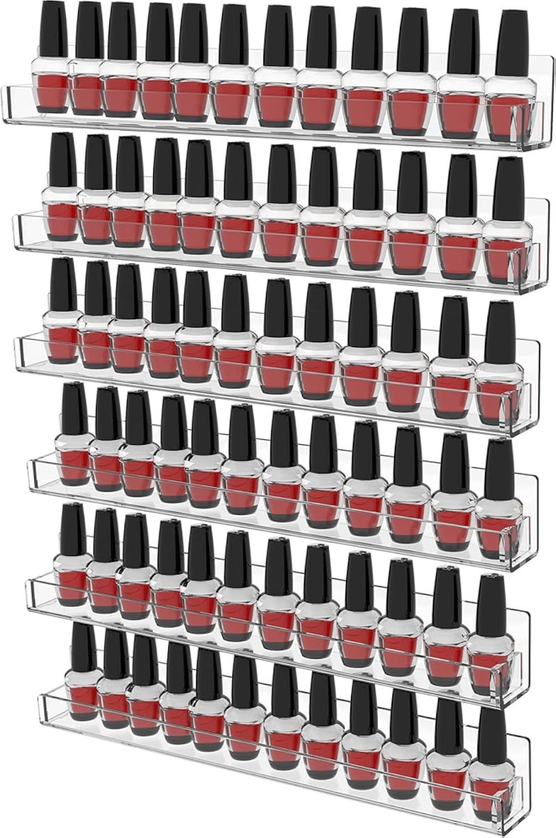 Cq Acrylic Wall Mounted Nail Polish Organizer, 6 Pack Display Rack for 72 Bottles, Clear Acrylic Storage for Nail Techs, 15 Inch