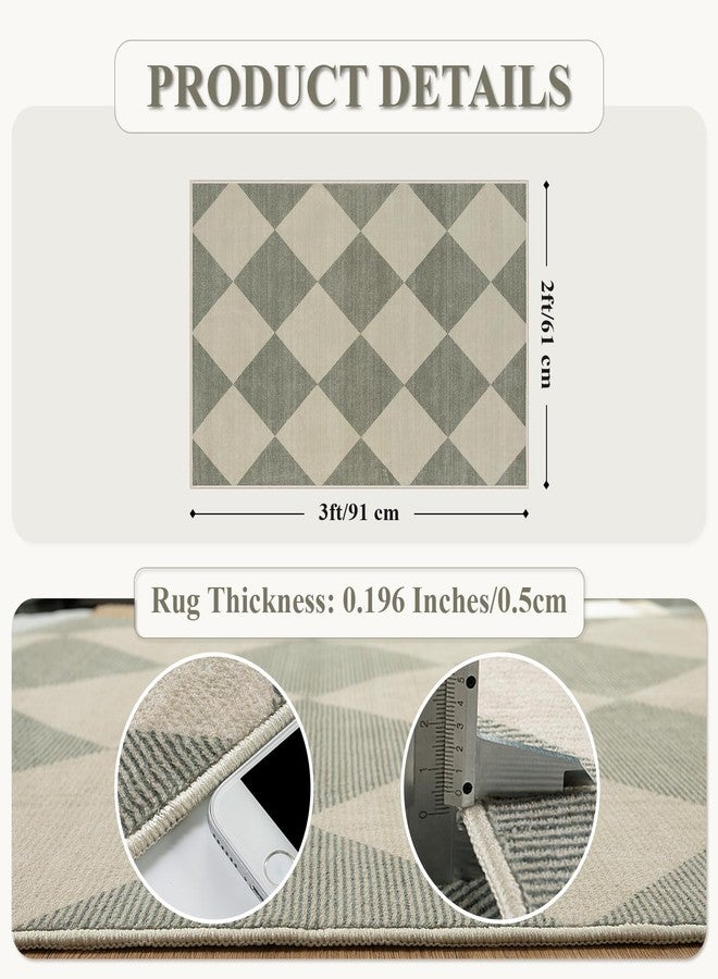 Beeiva Checkered Washable Entryway Rug 2x3, Non Slip Ultra Thin Green Front Door Mat Indoor Entrance Low Pile Small Kitchen Rug, Moroccan Contemporary Decor Neutral Accent Carpet for Bedroom Bathroom - Image 5