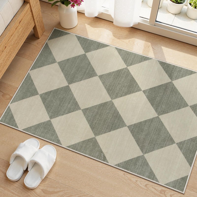 Beeiva Checkered Washable Entryway Rug 2x3, Non Slip Ultra Thin Green Front Door Mat Indoor Entrance Low Pile Small Kitchen Rug, Moroccan Contemporary Decor Neutral Accent Carpet for Bedroom Bathroom - Image 1