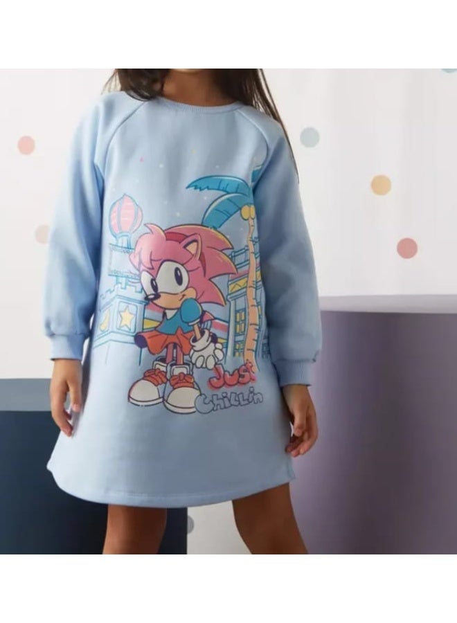 Sonic the Hedgehog Girls Sweatshirt Dress, Light Blue, Long Sleeve, Character Graphic Print, Ages 6-7 - Image 3
