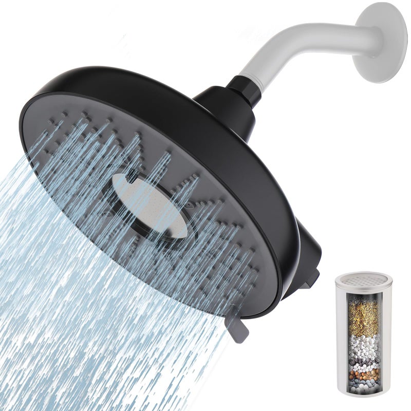 Mougcet Filtered Shower Head, 8 Inch High Pressure Rainfall Showerhead and 15 Stage Shower Filter Combo for Hard Water, 360Â° Adjustable Swivel, 3 Spray Modes (Black) - Image 1